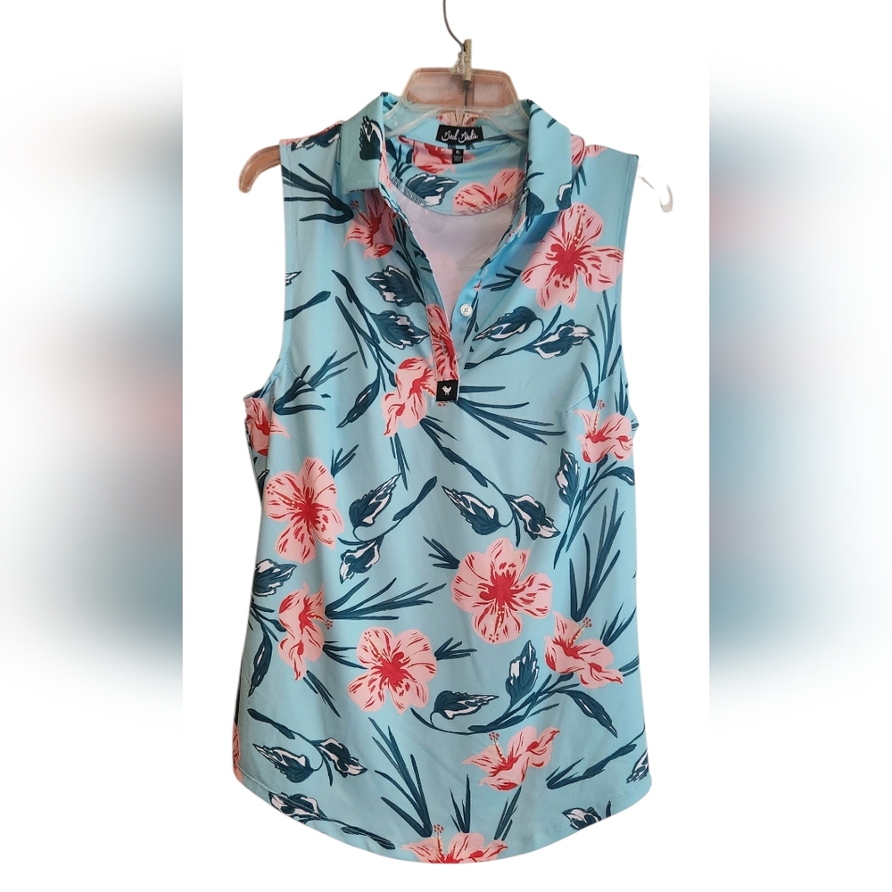 Bad Birdie Sleeveless Polo in Aqua with Coral Floral Print